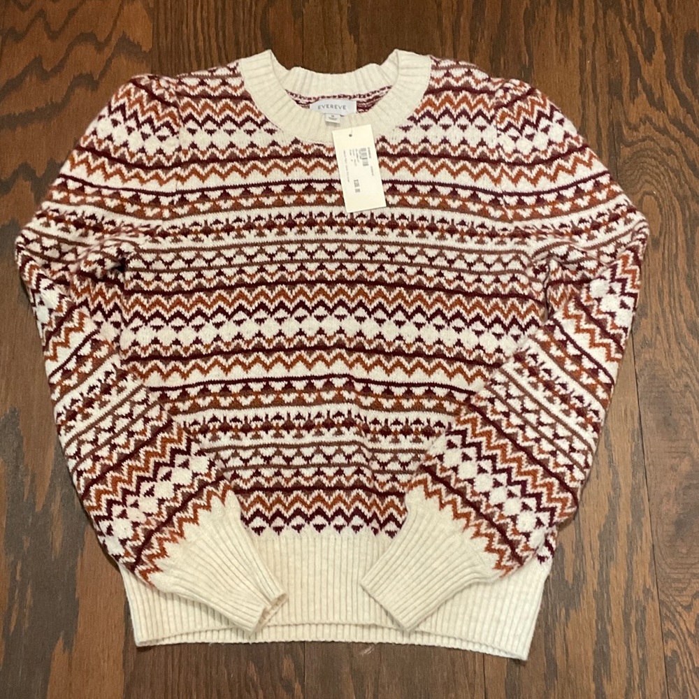 Evereve women’s fair isle puff sleeve Crewneck Sweater - Cream and Brown Pattern